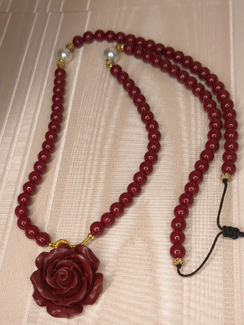 Vintage 70s Red Carved Rose Pendant Necklace W/ Red Beaded Chain 12"